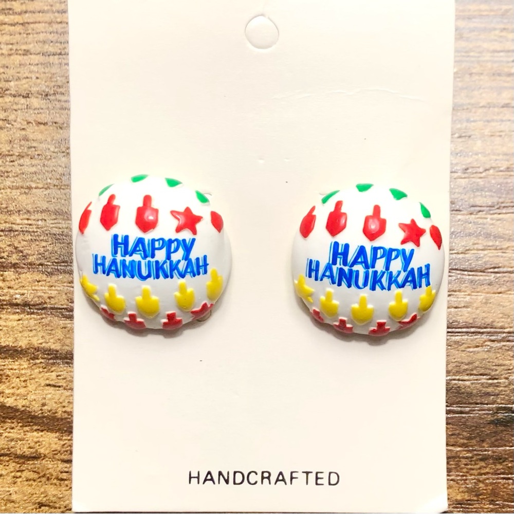 Vintage Handmade Poly Clay Happy Hanukkah Earrings